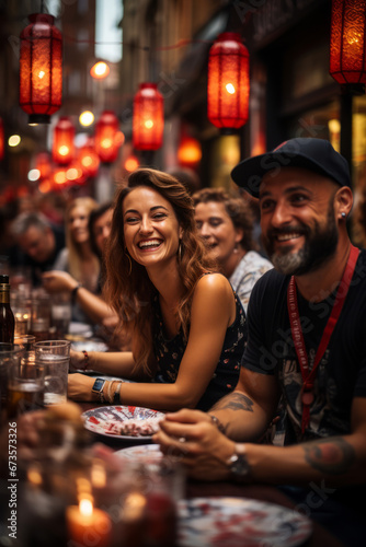 Revelers enjoying traditional Basque cuisine and drinks at San Fermín, Generative AI