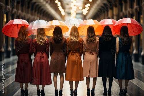 Group of umbrella girls lining up with their colorful umbrellas, Generative AI