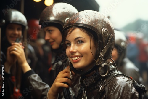 Umbrella girl adjusting her racer's helmet as they get ready for the race, Generative AI