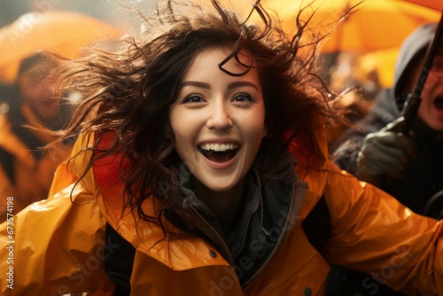 Umbrella girl in the midst of excitement as the race begins, Generative AI