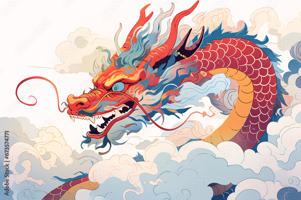 Obraz premium 2024 Spring Festival Year of the Dragon illustration, national trend concept illustration of the dragon raising its head on February