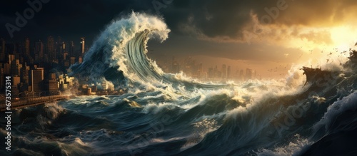 A major urban center is on the brink of being struck by a destructive tidal wave as depicted in an altered photograph
