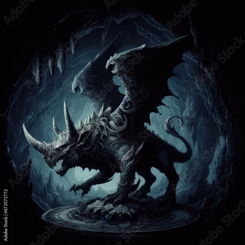 A mythical creature with the body of a bat and the head of a rhinoceros in a dark cave © Sohel