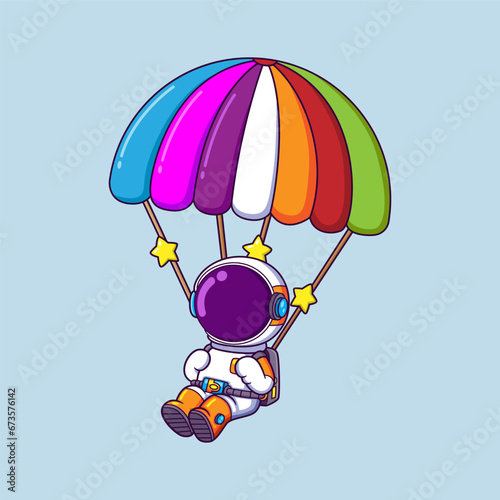 astronaut cartoon character skydiving and parachuting in the sky