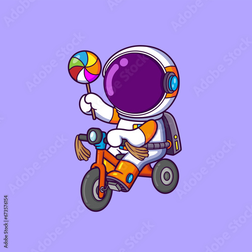 astronaut cartoon character riding bicycle and holding candy