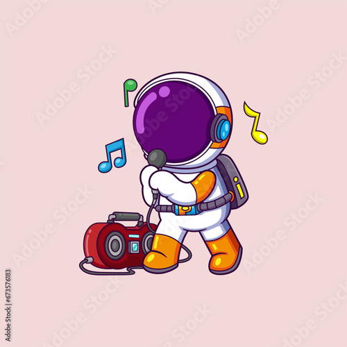 Cute Astronaut Listening Music and singing with Boombox Cartoon