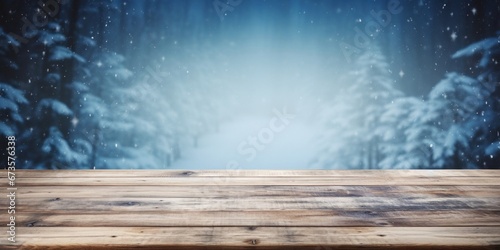 Empty old wooden table over magic dark blue glitter Christmas background