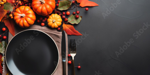 Thanksgiving card mockup with plate, pumpkins on dark grunge table, top view