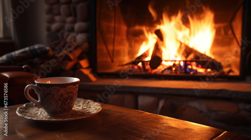 A cup of coffee with a plaid blanket by a lit fireplace