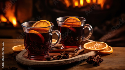A cup of mulled wine with oranges and cinnamon.