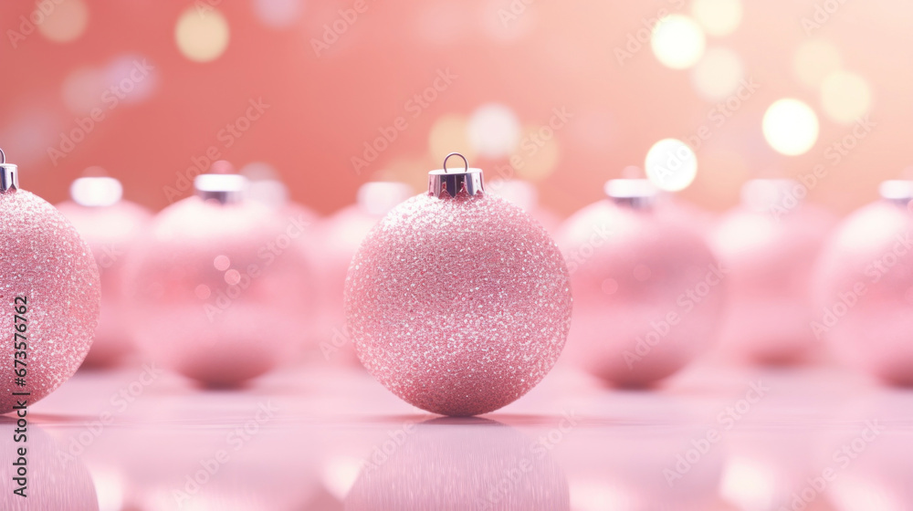 Fototapeta premium Pink Christmas decorative balls hanging on bokeh lights soft background