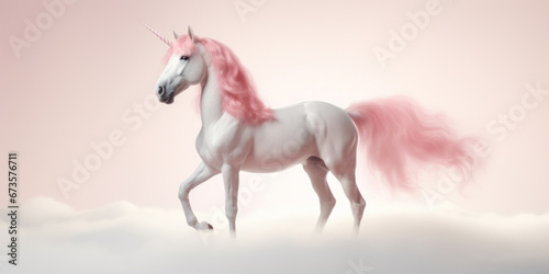 Soft pink unicorn with fluffy tail and mane on white clouds and pink sky