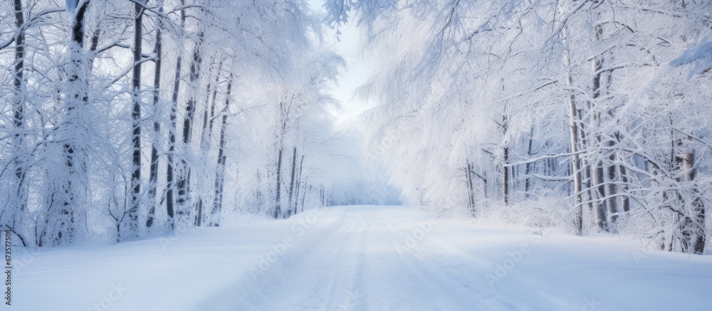 Obraz premium In the snowy forest during winter there is a road surrounded by wintry scenery A winter adventure awaits in this photo of a winter background with snowy grounds