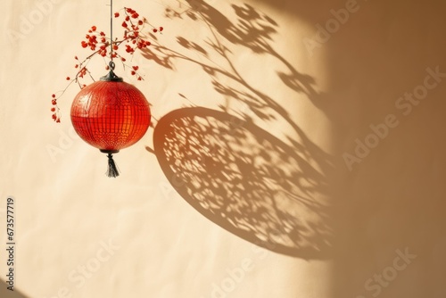 the shadow of a lampion lantern chinese on the clean red wall sunny light