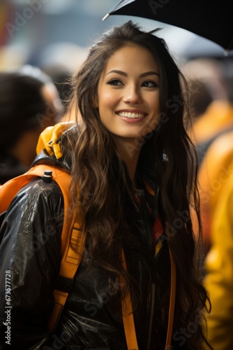 Umbrella girl wearing a radiant smile, enhancing the overall ambiance of the race event, Generative AI