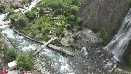 Cinematic Areial Video of Sadpara lake with rocky mountains clear water and beautiful blue sky in Sakardu Pakistan photo