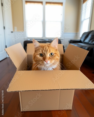 AI generated illustration of An adorable cat in a box on a sunny day with a blurry background