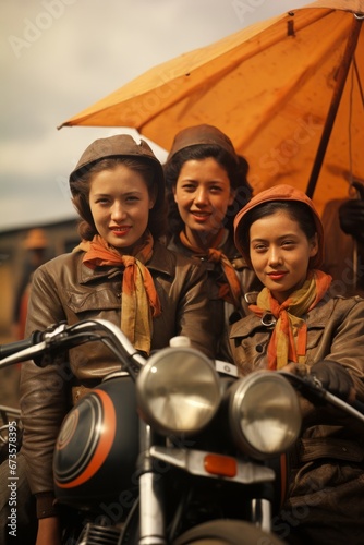 Umbrella girls proudly displaying the national flag of the host country at a motorcycle race, Generative AI