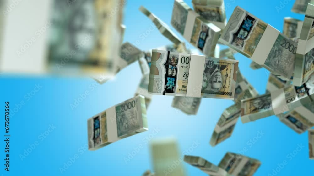 3D animation of stacks of Jamaican dollar notes blasting on screen in front of green screen background