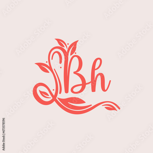 Nature Letter BH logo. Orange vector logo design botanical floral leaf with initial letter logo icon for nature business.