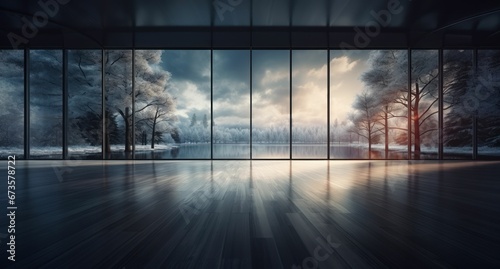 AI generated illustration of A room with windows, and landscape of snow-covered trees