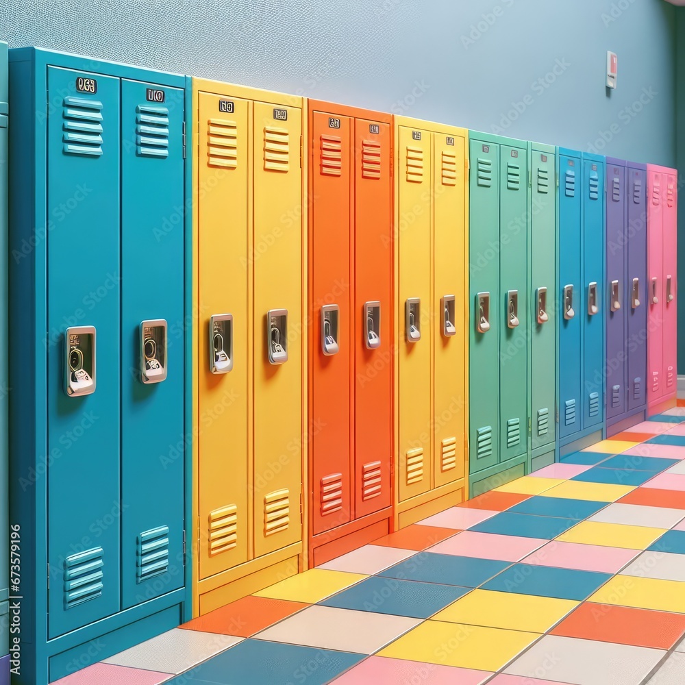 A row of colorful lockers in a school hallway. The lockers are in a variety of colors, including orange, yellow, green, blue, and purple A row of colorful lockers in a school hallway. The lockers are in a variety of colors, including orange, yellow, green, blue, and purple