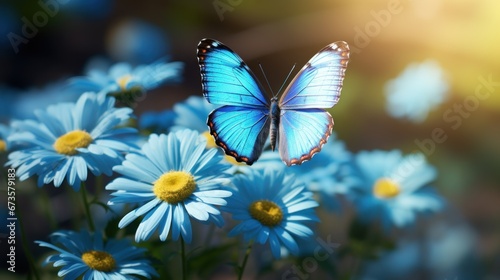 close up High-resolution image of Blue Morpho on white daisy flower. Generative AI. © Dusit