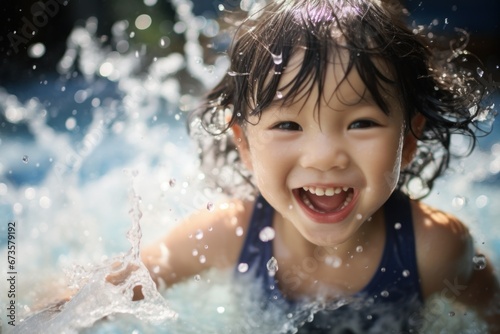 Portraits face kid enjoy water park  water splash. Generative AI.