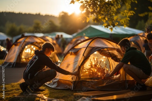 Children learning to set up their own tents as they embark on a camping adventure at summer camp, Generative AI photo