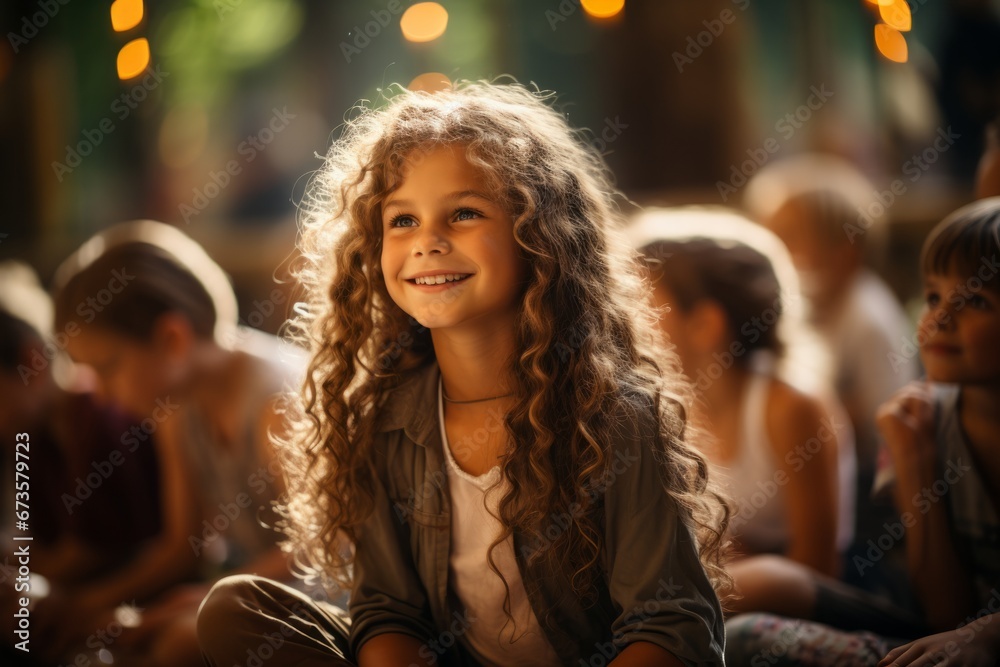 Kids engaging in a group yoga session, finding inner peace and relaxation at summer camp, Generative AI Kids engaging in a group yoga session, finding inner peace and relaxation at summer camp, Generative AI
