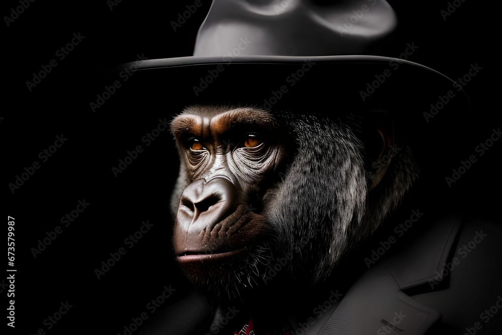 AI generated illustration of a gorilla in a tailored suit and a classic black hat