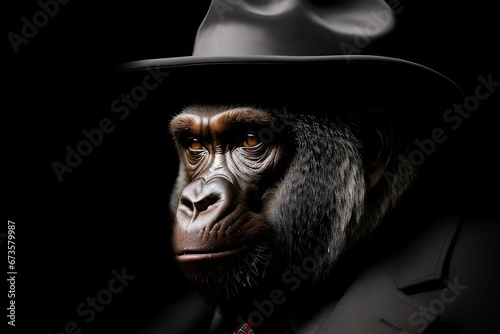 AI generated illustration of a gorilla in a tailored suit and a classic black hat