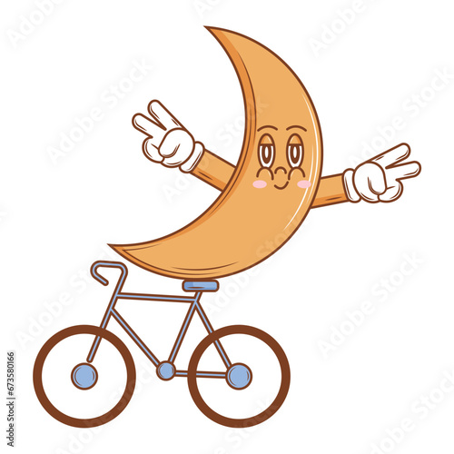 Cute Character Moon and bike in groovy style. Isolated retro sticker on a transparent background for various purposes. Vintage vector art