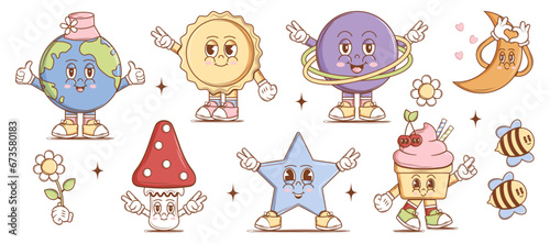 Set of cute Characters Planet, Earth, Mushroom, Sun, Moon, Ice cream, Star and elements in groovy style. Isolated retro stickers. Vintage vector ART