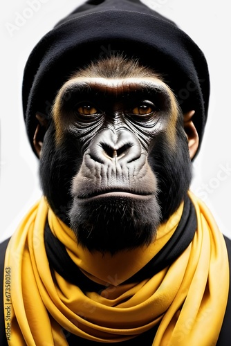 AI generated illustration of a chimpanzee in a black hat and a yellow scarf