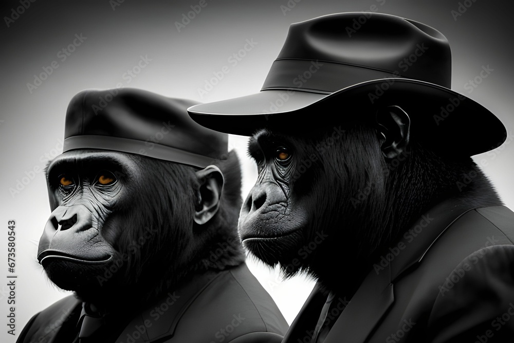 AI generated illustration of a grayscale of two gorillas wearing black hats and suits