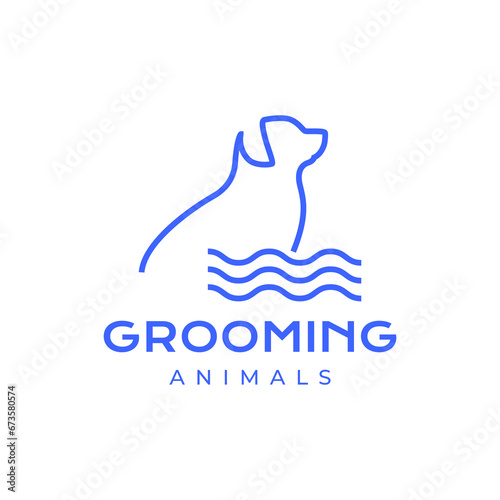 dog with water grooming cleaning treatment care line style simple minimal mascot character logo design vector icon illustration