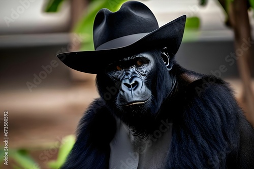AI generated illustration of a gorilla wearing a western style hat