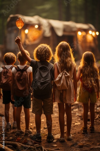 Children bidding farewell to their newfound friends and unforgettable summer camp memories, Generative AI photo