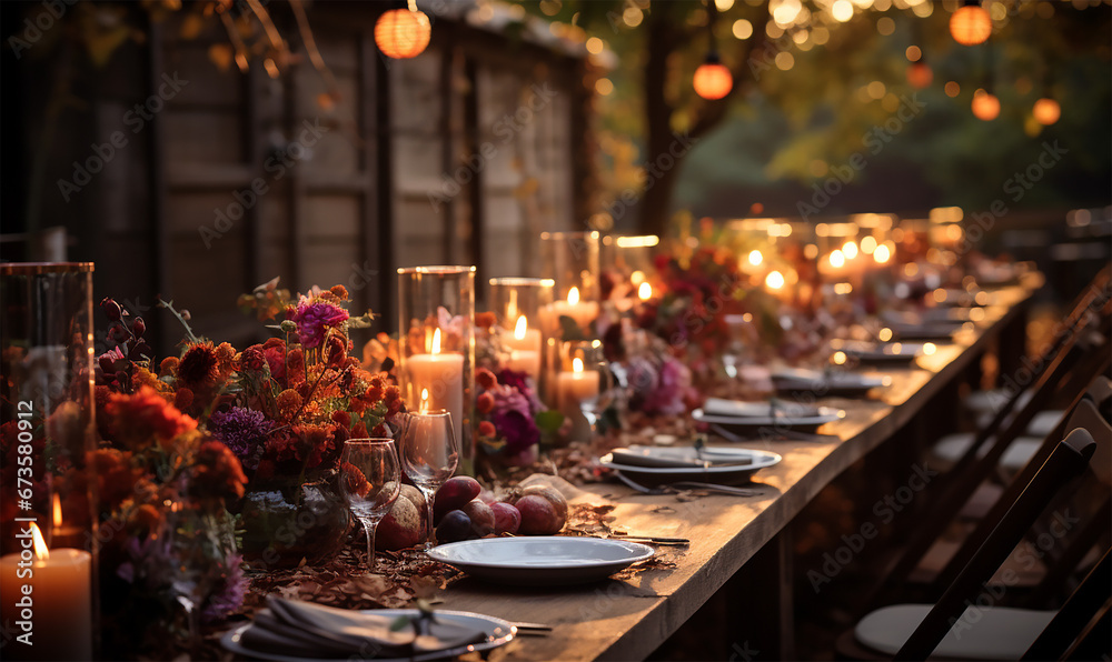autumnal outdoor long banquet table setting in the woods
