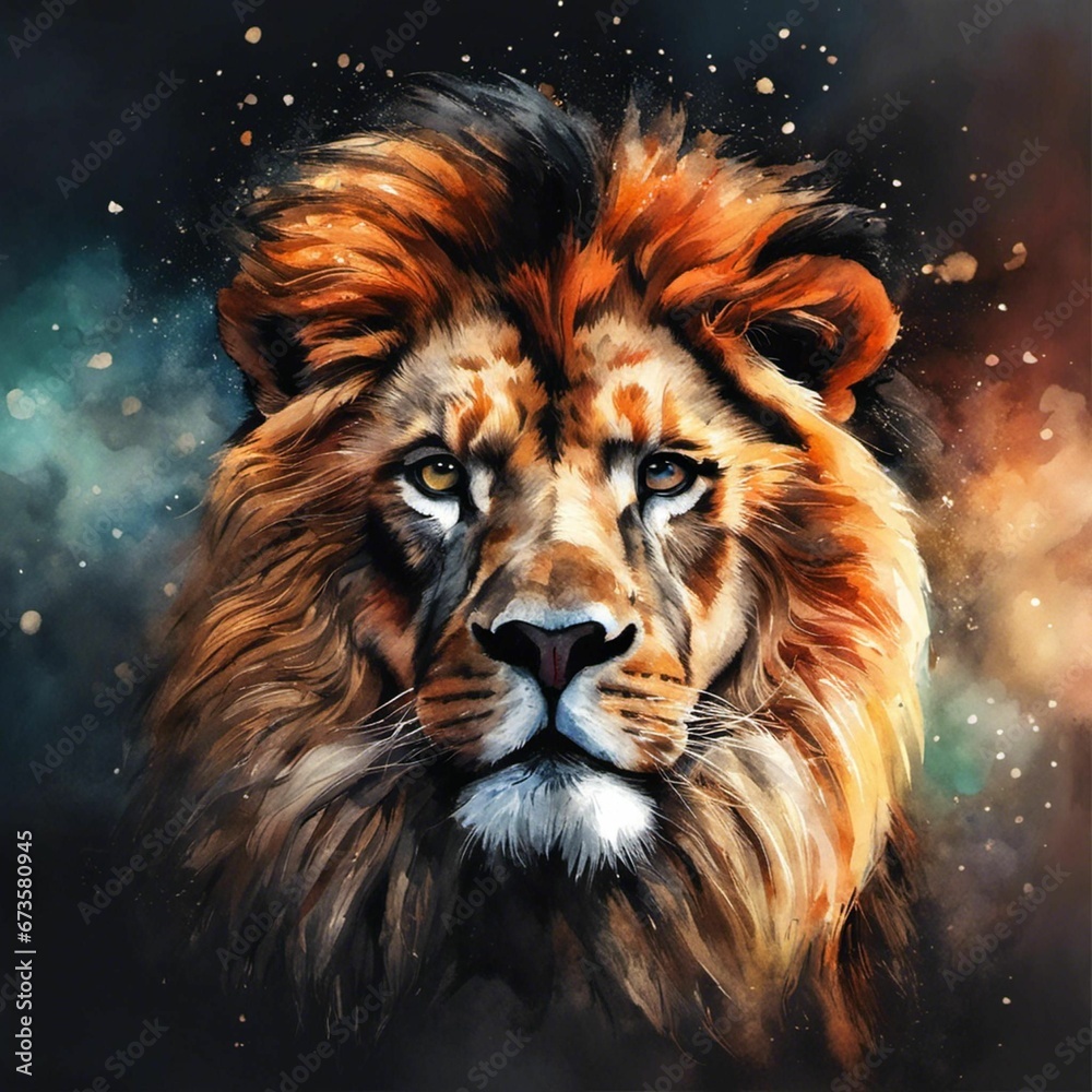 Watercolor painting of a majestic lion against a deep black background, AI-generated.