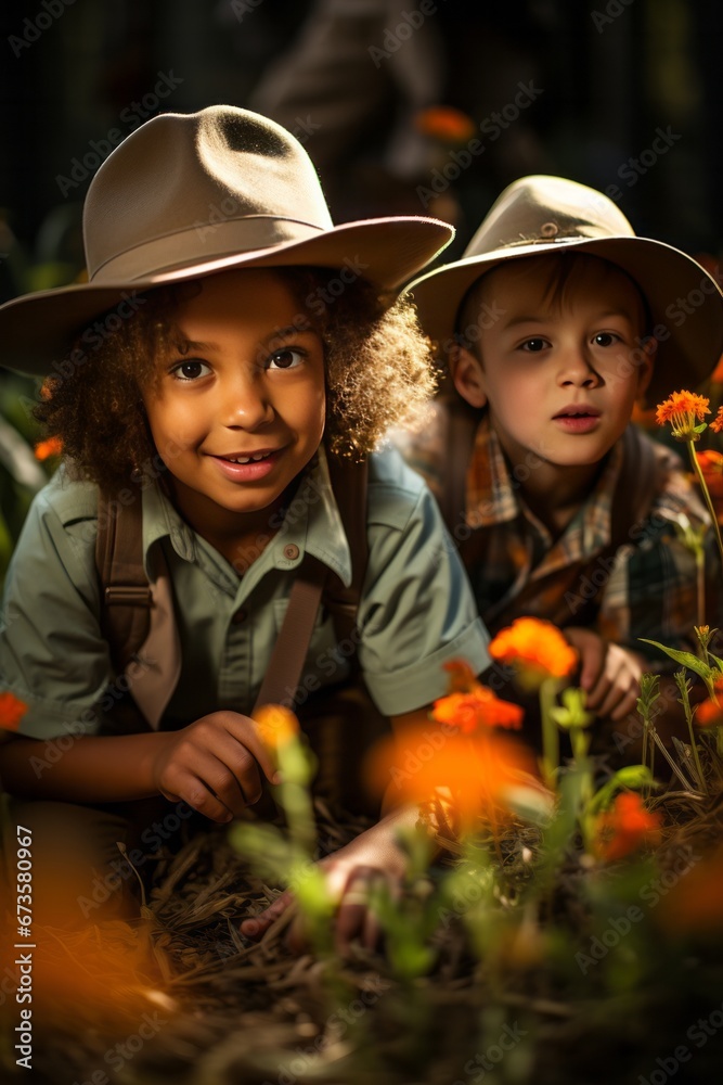 Kids donning explorer hats and magnifying glasses, on a quest to discover insects and wildlife at camp, Generative AI