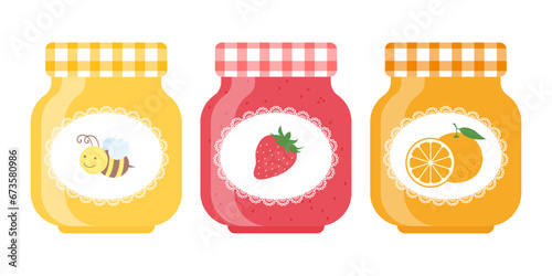 vector illustration of a set of honey, strawberry jam and marmalade in glass jars for banners, cards, flyers, social media wallpapers, etc.