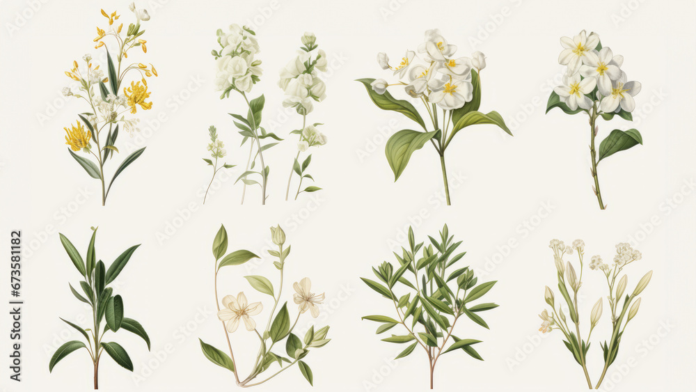 Vintage artwork and retro graphic design set of botanical illustrations of flowers or floral plants - obrazy, fototapety, plakaty 