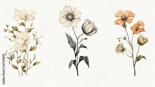 Vintage artwork and retro graphic design set of botanical illustrations of flowers or floral plants photo
