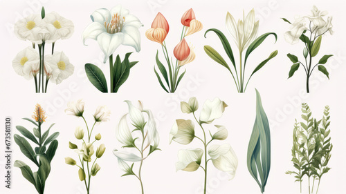 Foto Vintage artwork and retro graphic design set of botanical illustrations of flowe