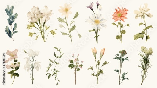 Vintage artwork and retro graphic design set of botanical illustrations of flowers or floral plants #673581134