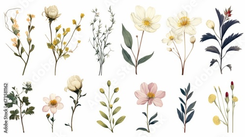 Vintage artwork and retro graphic design set of botanical illustrations of flowers or floral plants #673581162