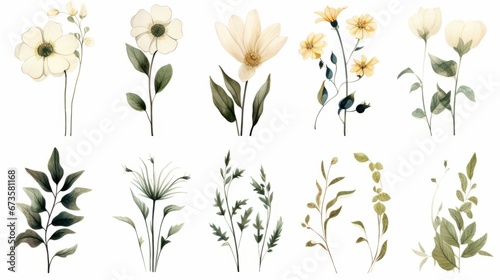 Vintage artwork and retro graphic design set of botanical illustrations of flowers or floral plants