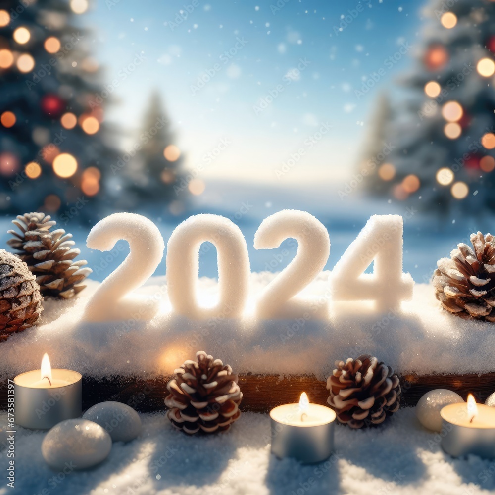 A winter scene with the numbers _2024_ made of snow, surrounded by pine cones and lit candles, with a snowy landscape and a Christmas tree in the background under a blue sky A winter scene with the numbers _2024_ made of snow, surrounded by pine cones and lit candles, with a snowy landscape and a Christmas tree in the background under a blue sky